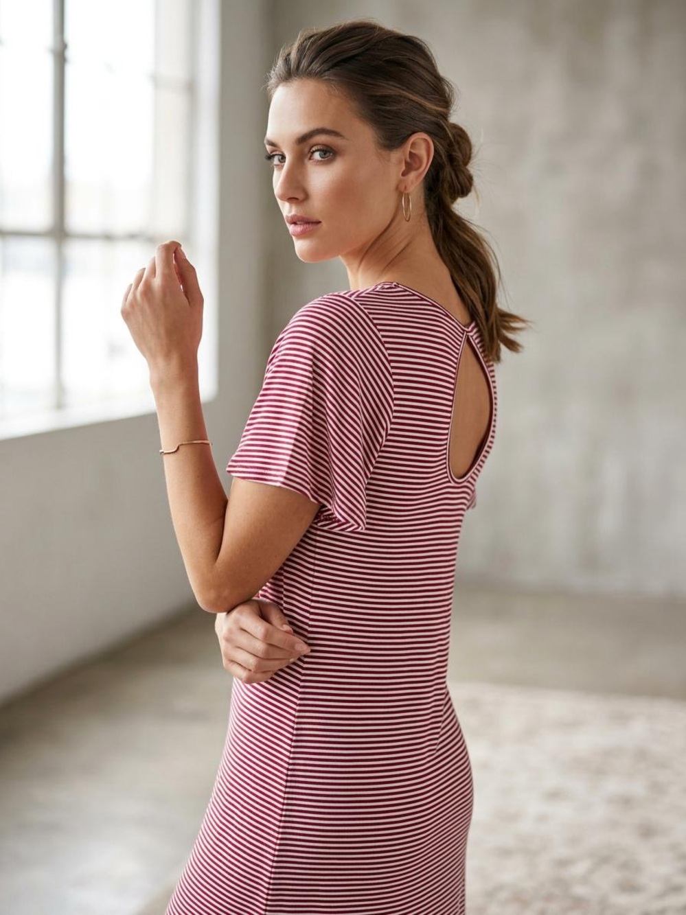 Joe Fresh Red and White Striped Backless Keyhole Midi Dress